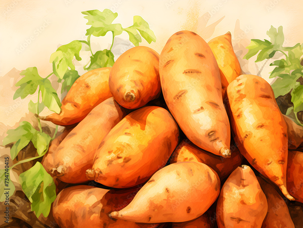 Watercolor illustration of sweet potatoes Watercolor illustration of sweet potatoes