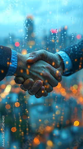 Business handshake after a good deal with the city downtown in the background.