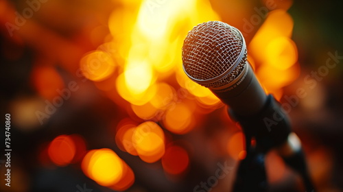 handheld microphone is in focus against a warm bokeh light background, suggesting a live performance