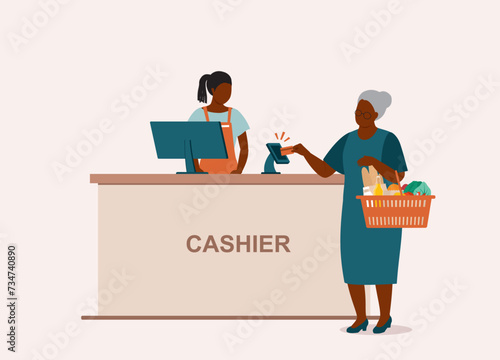 Black Elderly Woman With Groceries Paying With Credit Card. Lady Cashier With Apron Serving Customer At Checkout Counter. Full Length. Flat Design.