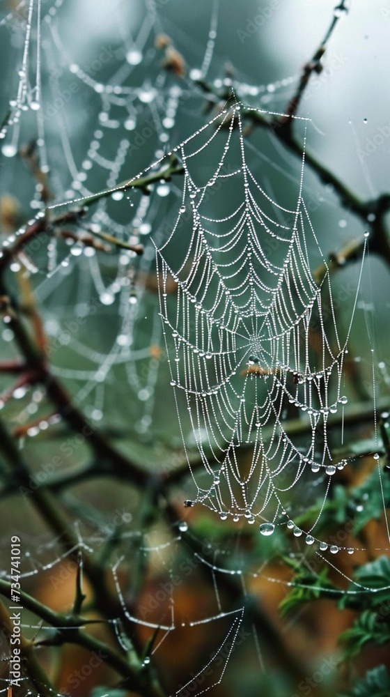 An intricate shot of spiderwebs glistening with dewdrops, reflecting the entanglement of anxious thoughts.