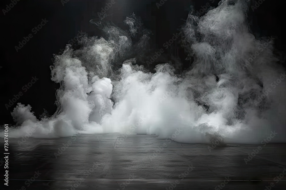 Space for displaying products is dramatically enhanced by presence of swirling white smoke dark enigmatic background setting creates sense of abstract beauty and motion smoke