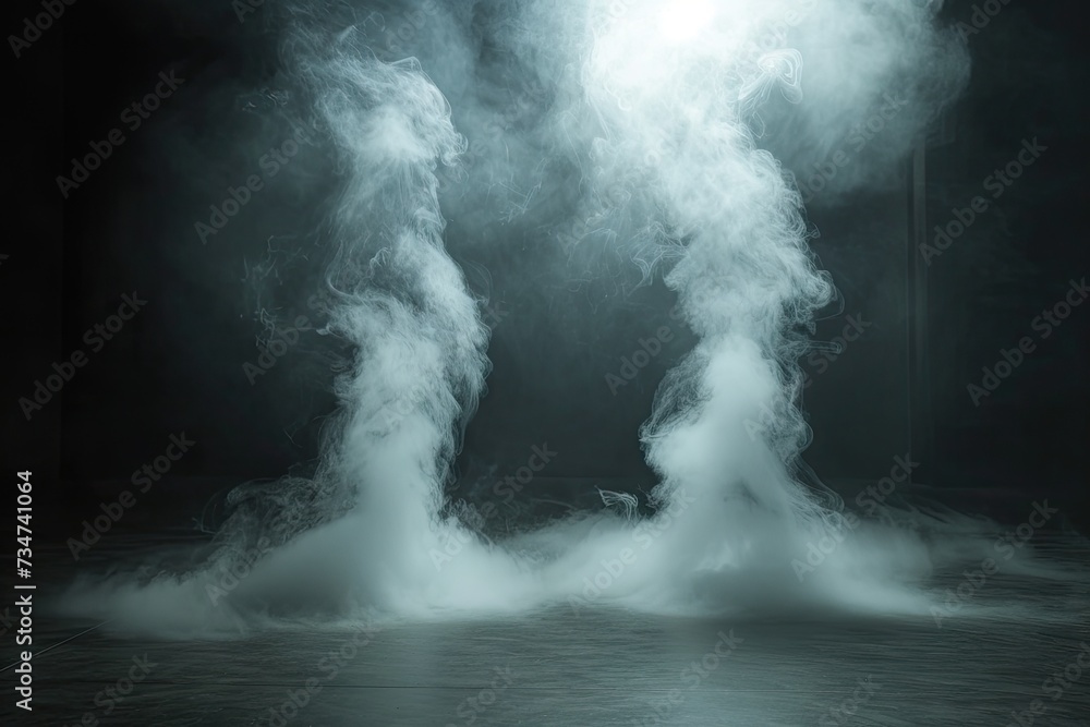 Fototapeta premium Space for displaying products is dramatically enhanced by presence of swirling white smoke dark enigmatic background setting creates sense of abstract beauty and motion smoke