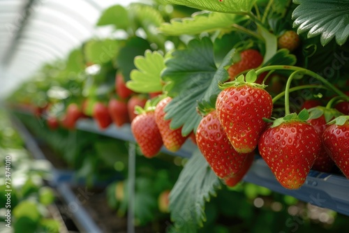 Red strawberries on the branches. Eco farm. Strawberry in greenhouse with high technology farming. Agriculture Greenhouse with hydroponic shelving system.