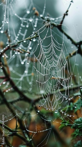 An intricate shot of spiderwebs glistening with dewdrops, reflecting the entanglement of anxious thoughts.