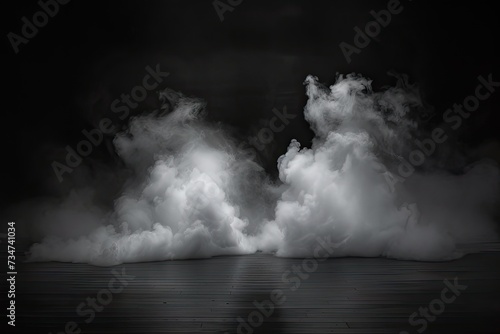 Space for displaying products is dramatically enhanced by presence of swirling white smoke dark enigmatic background setting creates sense of abstract beauty and motion smoke