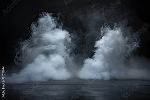 Space for displaying products is dramatically enhanced by presence of swirling white smoke dark enigmatic background setting creates sense of abstract beauty and motion smoke