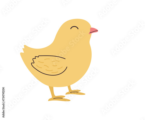 Hand drawn cute standing small yellow Chick. Flat vector spring Easter design in colored Doodle style. Kawaii Chicken bird nestling icon or print. Isolated on background