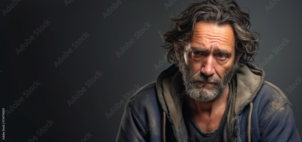 A homeless man, 41 years old, with a sorrowful expression, symbolizing the emotional struggles faced by those living without shelter on a solid muted background A homeless man, 41 years old, with a sorrowful expression, symbolizing the emotional struggles faced by those living without shelter on a solid muted background
