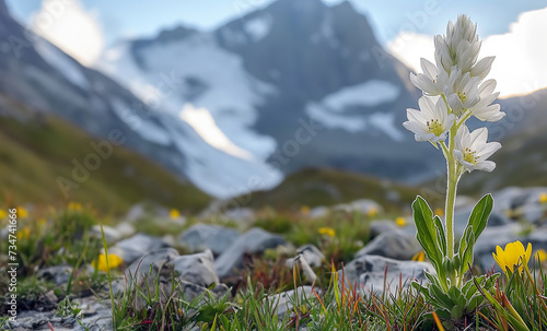 Generative AI image of A pristine Edelweiss flower standing alone against a backdrop of a snow-capped mountain range