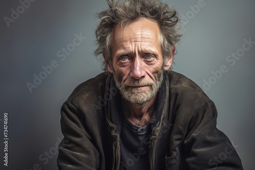  A despondent homeless man, 55 years old, illustrating the emotional complexities associated with homelessness on a solid muted beige background