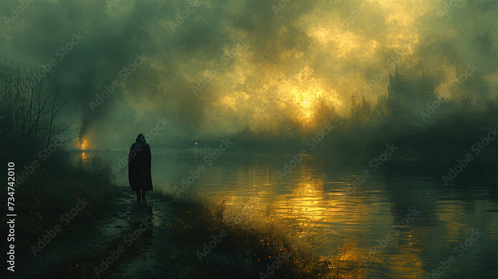 A man standing near river, Depression background. Created with Ai