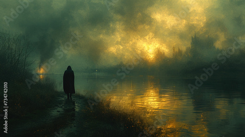 A man standing near river, Depression background. Created with Ai