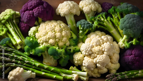 Vibrant cauliflower, broccoli, and asparagus arranged in a pleasing composition of wholesome goodness