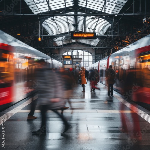 The activities of passengers and visitors at the train station with blurred objects, busy atmosphere during active hours. Great for business, blog, industry, transportation, web etc. Generative Ai