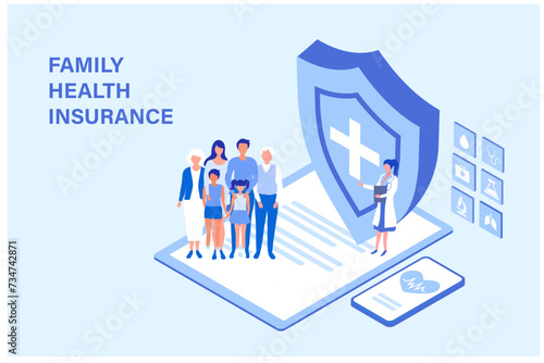 Family doctor health care concept, mother, father, children and older people visiting doctor to check their health vector illustration. Medical family health care concept