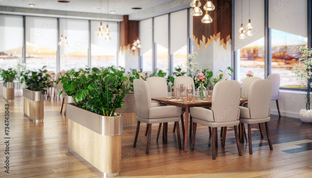 Modern Outlook Restaurant in Natural Interior Design - depht of field 3D Visualization