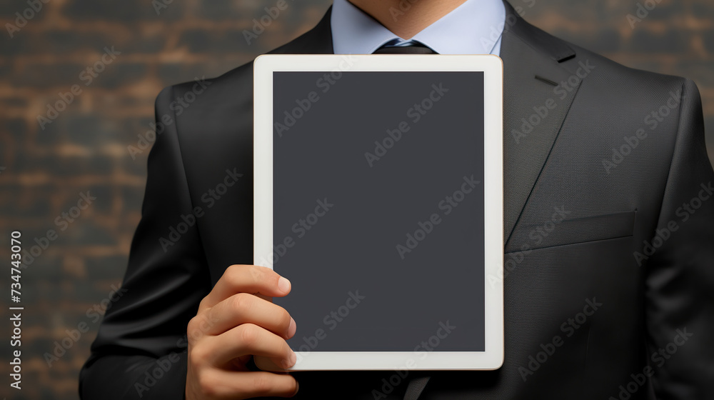 A businessman holds a mockup. iPad digital tablet with blank screen Mockup replaces your design mockup in the office. Copy space for text. A businessman holds a mockup. iPad digital tablet with blank screen Mockup replaces your design mockup in the office. Copy space for text.