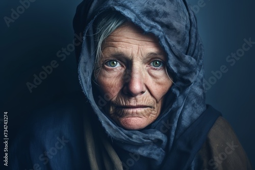  An older homeless woman, 64 years old, grappling with mental health challenges, emphasizing the vulnerability of homeless individuals on a solid muted navy background