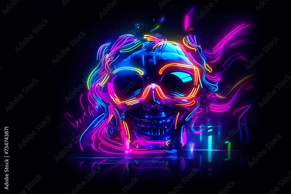 AI generated illustration of a vivid neon-colored skull on a dark background