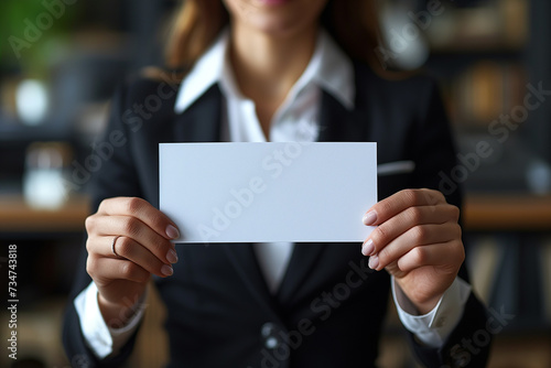 Businesswomen hands showing empty white paper with blurred background.