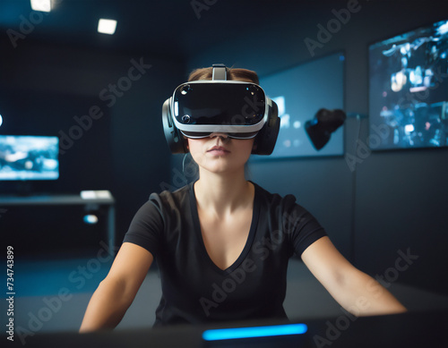 Person usign VR headset at work. Future work environment. Woman using VR headset