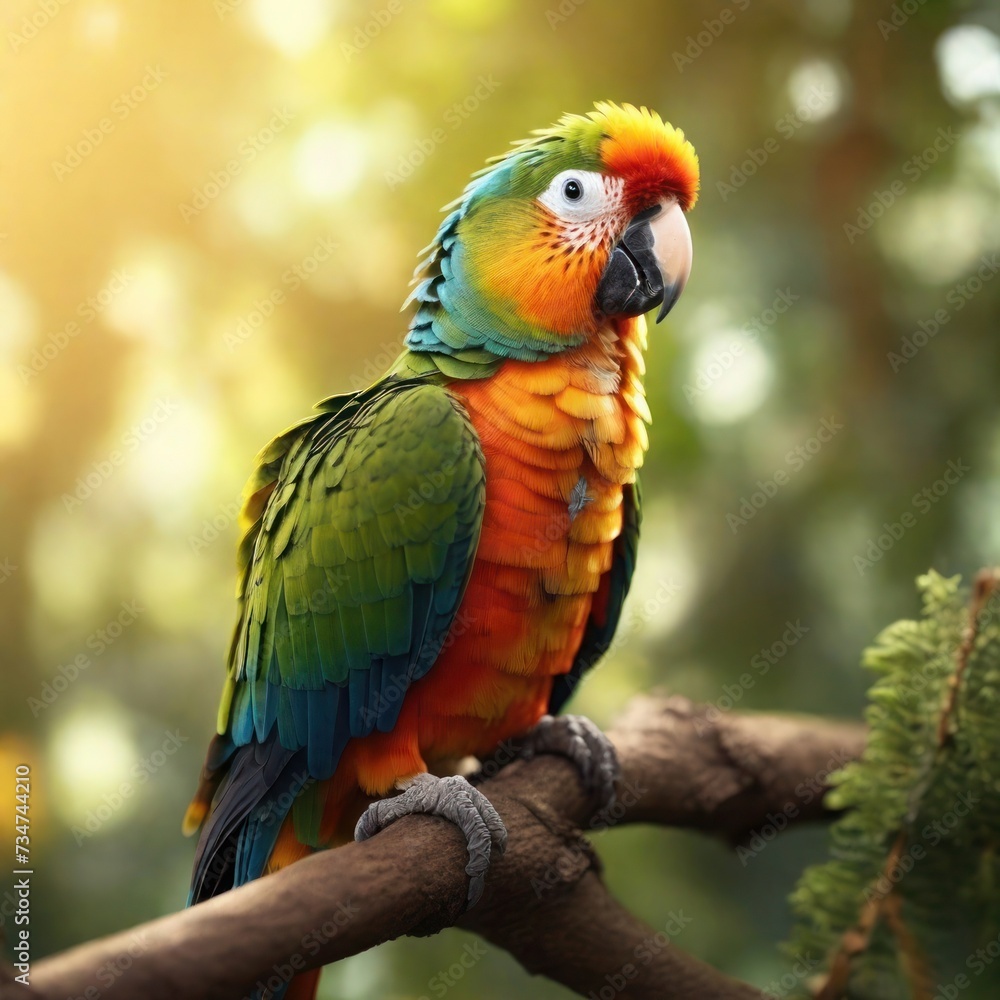 Enchanting Forest Scene: Close-Up of a Colorful Parrot Perched on a Tall Tree Branch, Bathed in Warm Sunlight, Captured in 8K Quality with Perfect Composition and High Detail