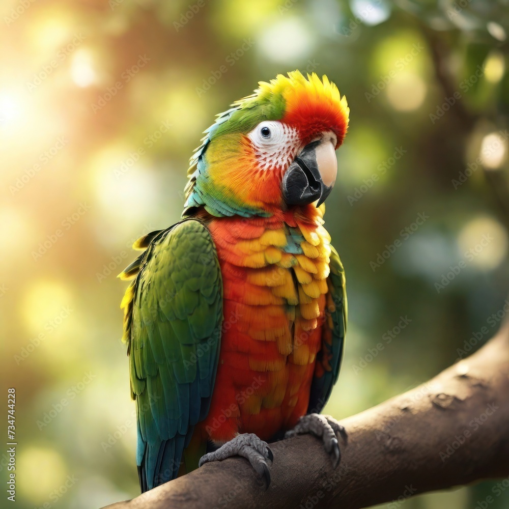 Obraz premium Enchanting Forest Scene: Close-Up of a Colorful Parrot Perched on a Tall Tree Branch, Bathed in Warm Sunlight, Captured in 8K Quality with Perfect Composition and High Detail