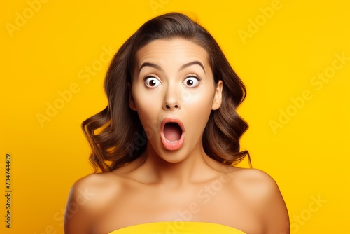 Generative AI image of Oh My. Young female shouting oh my god with open mouth, surprised by low price and sales, isolated on yellow background