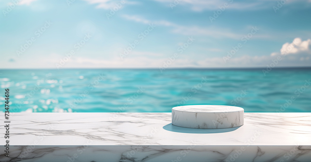 Empty white marble product display podium with sea view background. - obrazy, fototapety, plakaty 