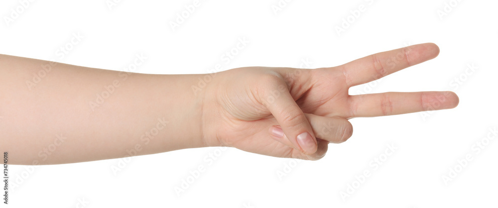Playing rock, paper and scissors. Woman making scissors with her fingers on white background, closeup Playing rock, paper and scissors. Woman making scissors with her fingers on white background, closeup