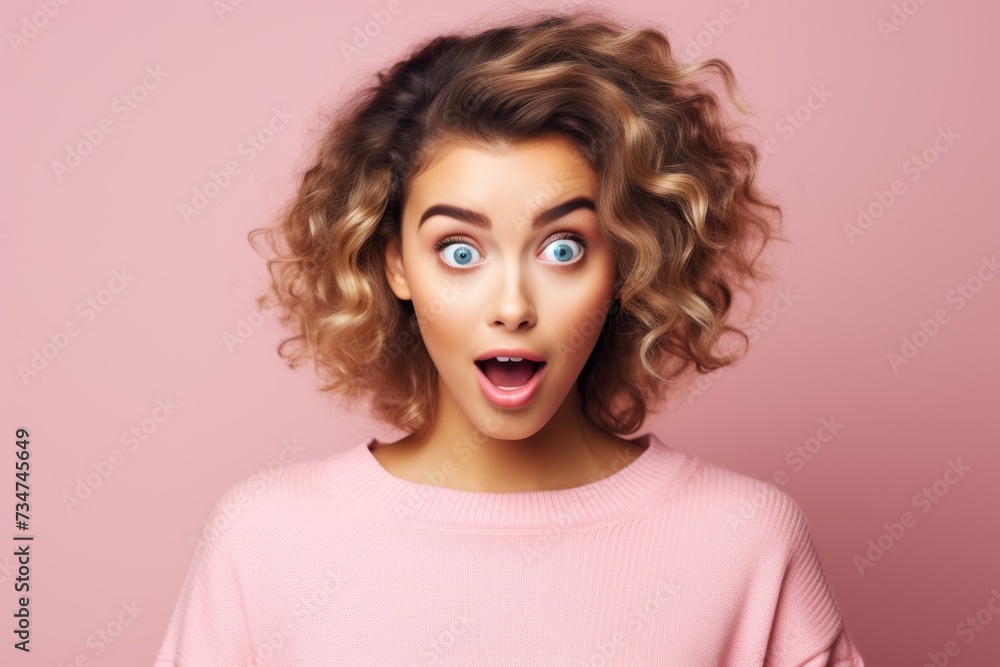 Generative AI image of Portrait of a Surprised Girl on a Pink Background with Space for Copy