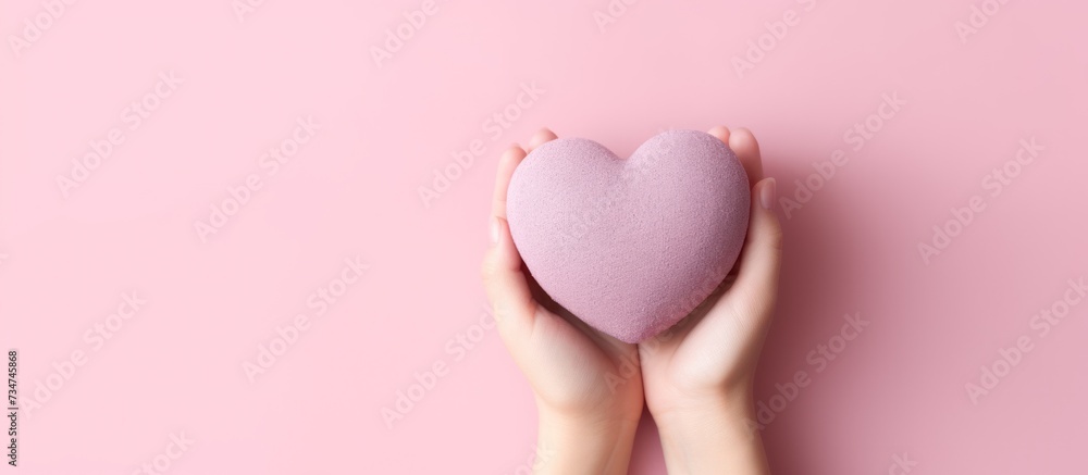 close up of Woman's hand holding pink heart, pink background close up of Woman's hand holding pink heart, pink background