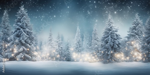 festive winter season with piles of snow and snowy fir trees for a festive Christmas background © candra