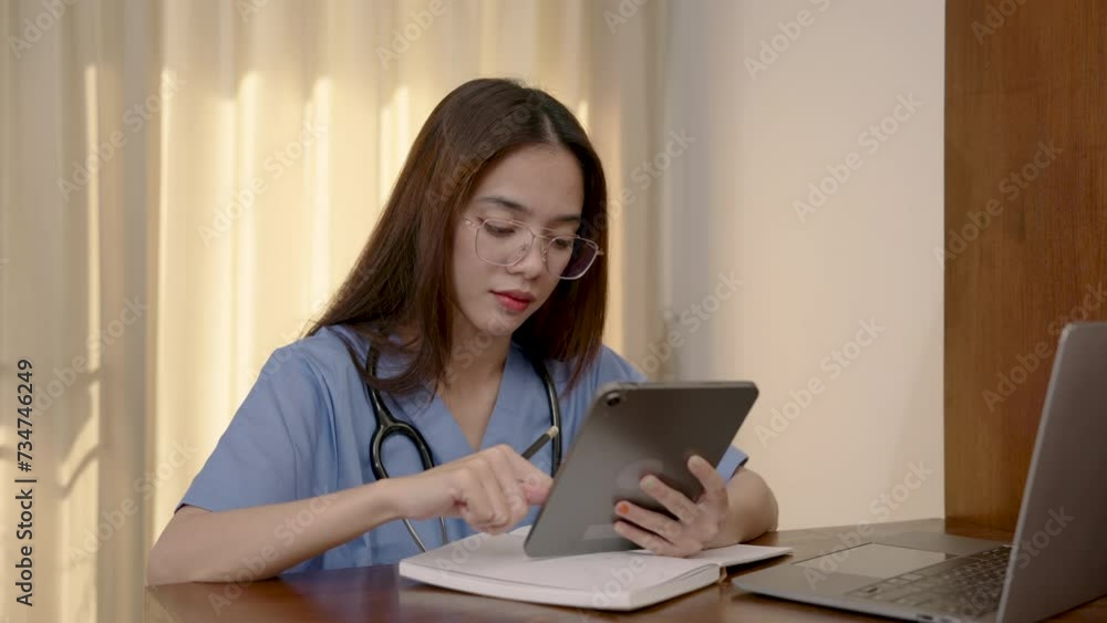 Asian female doctor wearing doctor shirt, wears glasses, stethoscope hanging from neck, was sitting recording something in notebook, before picking up tablet opening it up search for information. Asian female doctor wearing doctor shirt, wears glasses, stethoscope hanging from neck, was sitting recording something in notebook, before picking up tablet opening it up search for information.