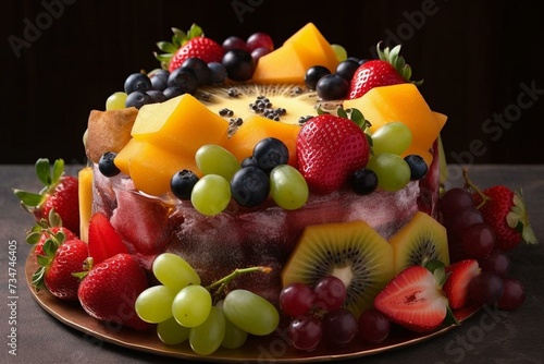 a vibrant cake adorned with fresh fruits. Generative AI