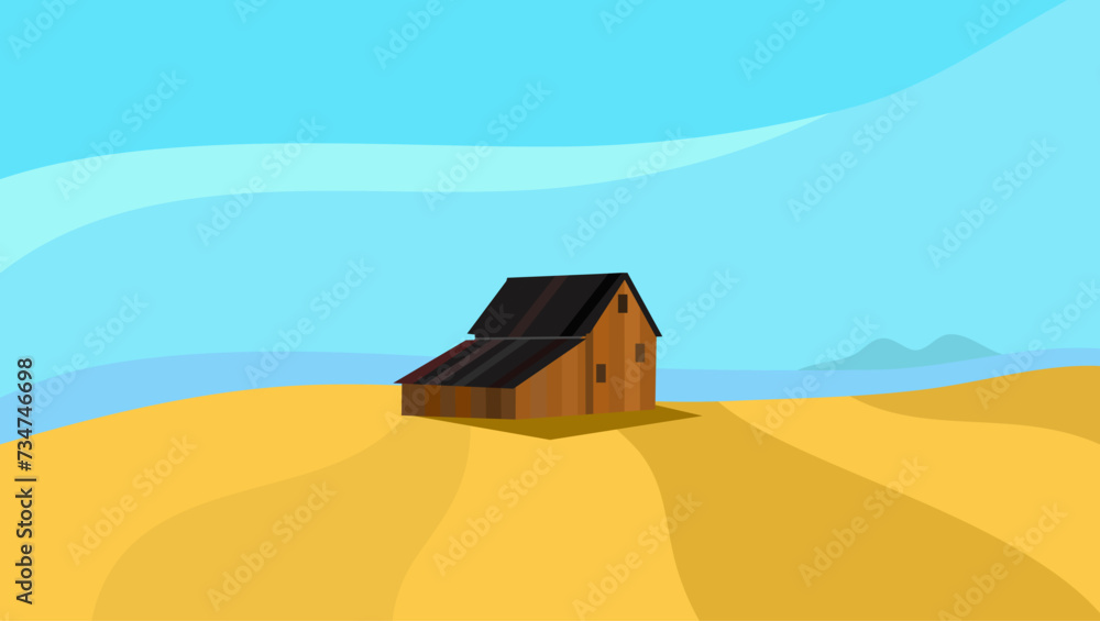old wood farm on  yellow field, flat color illustration