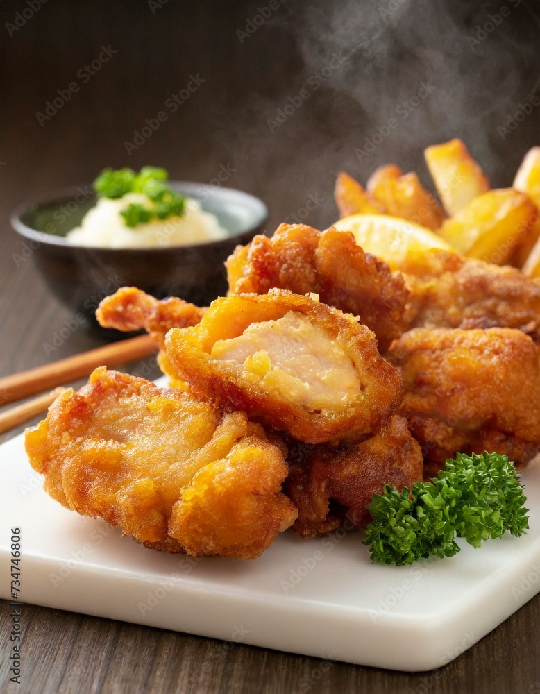 Fototapeta premium Fried Chicken presented in a Tasteful Way - Japanese Karaage Fried Chicken - Battered Chicken Deep Fried