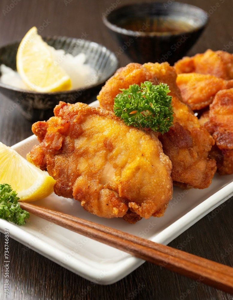 Fototapeta premium Fried Chicken presented in a Tasteful Way - Japanese Karaage Fried Chicken - Battered Chicken Deep Fried
