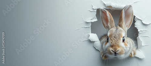 Festive Rabbit Revelation: Adorable bunny head appears from torn paper on bold white,generated by IA  photo