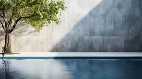 concrete wall with tree and shadow and clean clear water pool swiming reflecting water nature wall mockup template daylight 