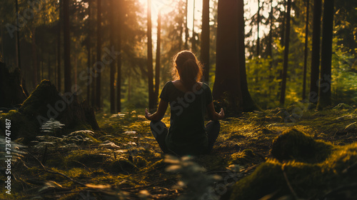 A woman is calmly meditating in the midst of a lush forest, surrounded by towering trees.