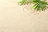 Zen rock garden. Circle patterns and green leaves on beige sand