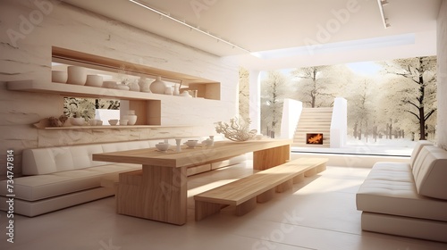 contemporary house design creative decor dining area in natural minimal natural material colour scheme warm and cosy feeling clean and clear space organize house beautiful background,ai generate