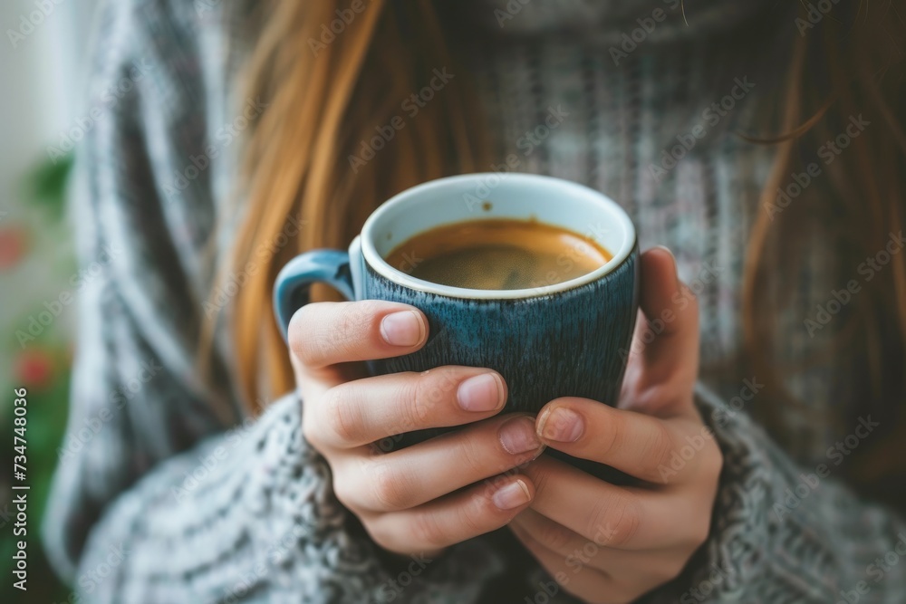 Close up of woman in warm sweater holding cup of coffee Close up of woman in warm sweater holding cup of coffee
