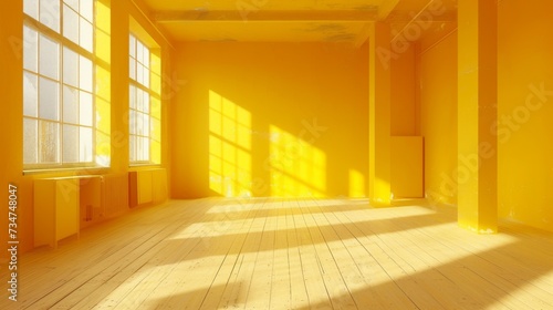 Empty space in yellow color. Studio room with window