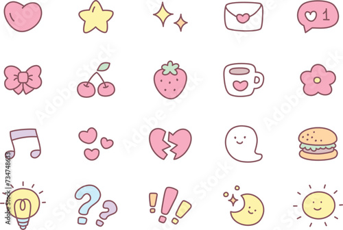 Kawaii icon set. Collection of cute hand drawn stickers isolated on a white background. Vector 10 EPS.