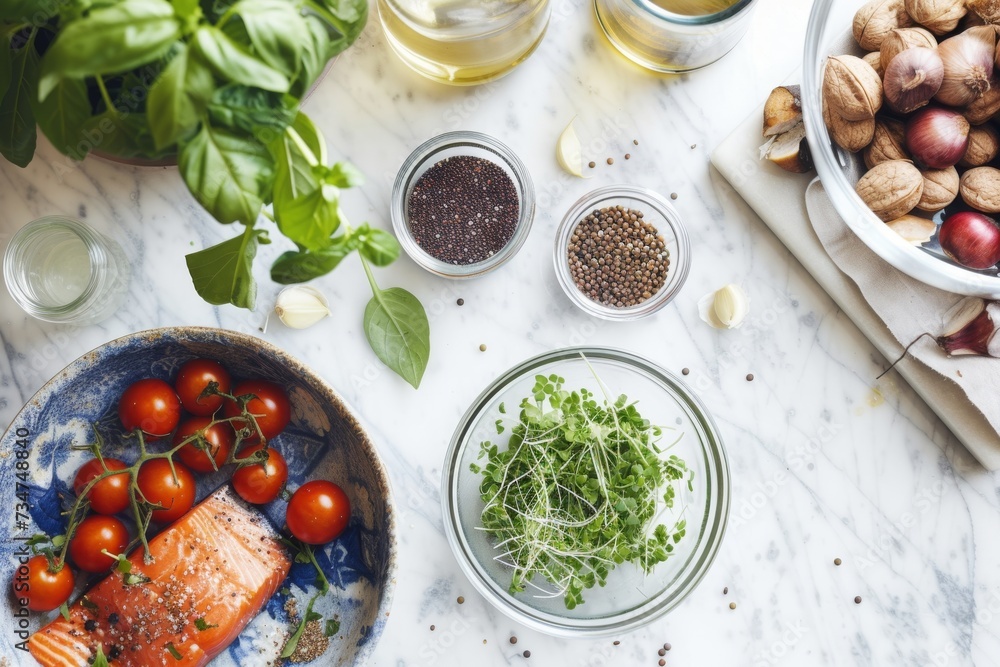 Assortment of healthy superfoods with fresh vegetables and grains on a marble background Assortment of healthy superfoods with fresh vegetables and grains on a marble background