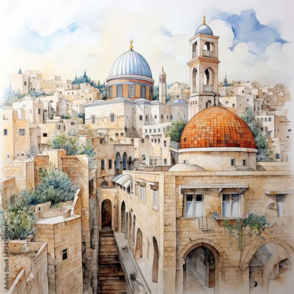 Generative AI image of Watercolor line art Jerusalem