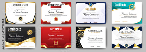 Certificates of achievement template with luxury badge. Eight choice of certificates For award, business, and education needs. Diploma vector template	
